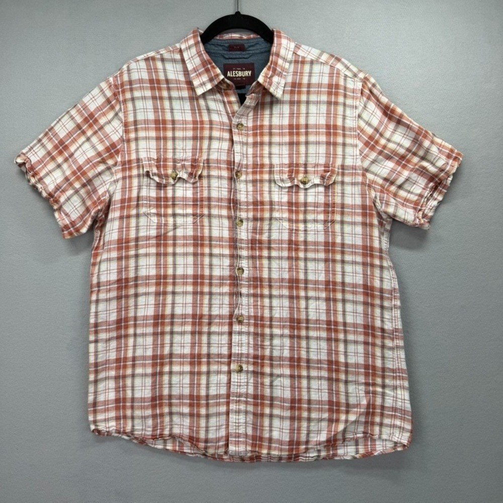 Alesbury Casual Shirt Mens Large Red Brown Plaid Linen Blend‎ Button Up Classic